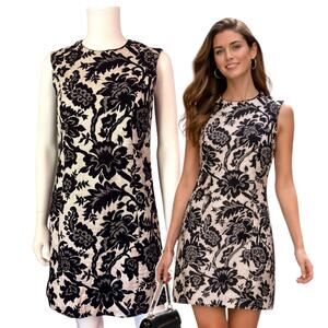 Vtg Joseph Magnin Tapestry Sleeveless Shift Dress Medium White Black Floral 60s